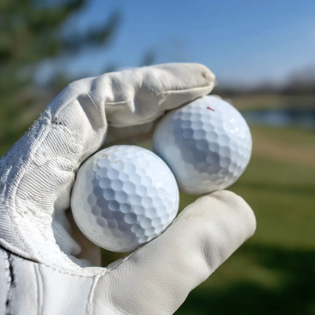 About 2 A close-up of two white golf balls held in a gloved hand, with a blurred golf course background.