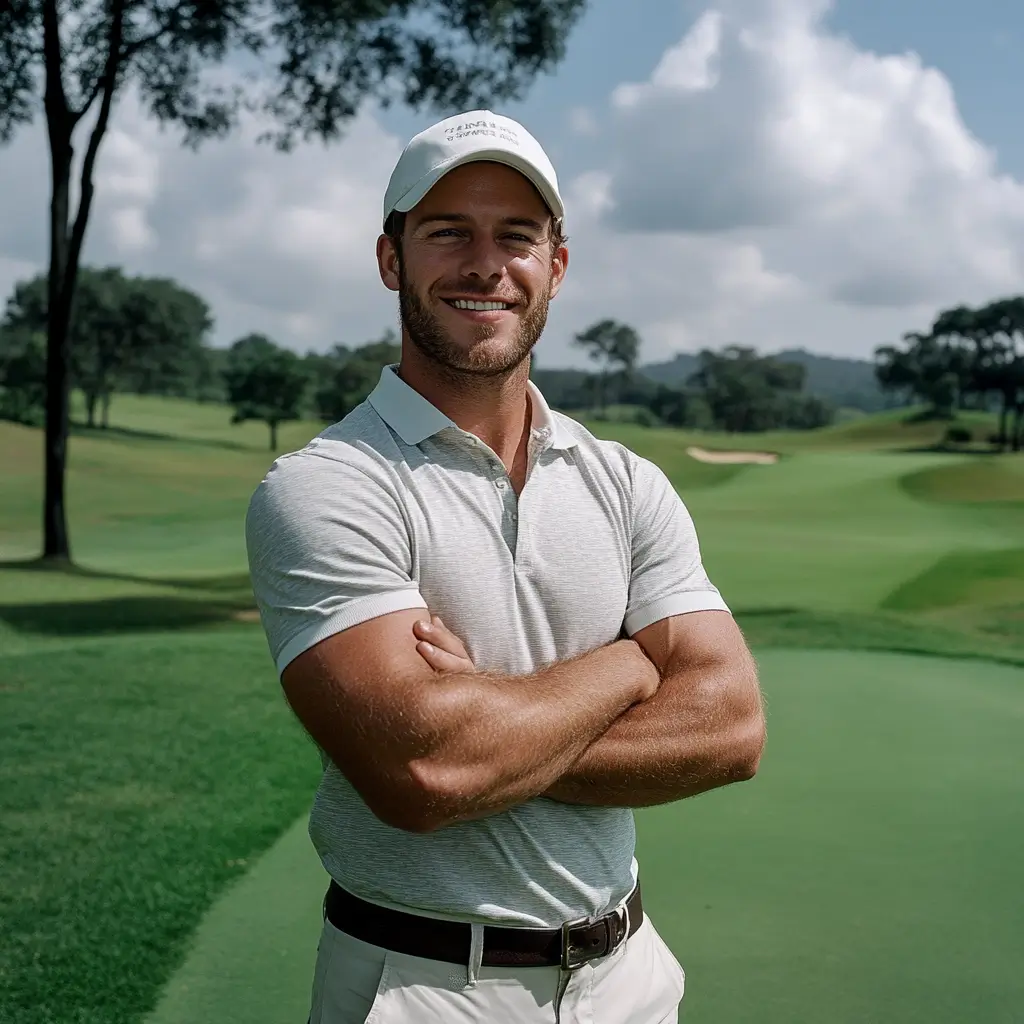 About 1 Young male golfer smiling and standing with arms crossed on a golf course, wearing a light gray polo shirt and a white cap, with a green golf course in the background.